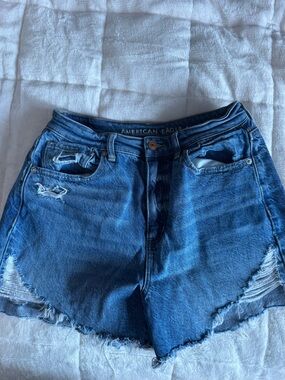 American Eagle Outfitters Blue Distressed High-Waist Jean Shorts